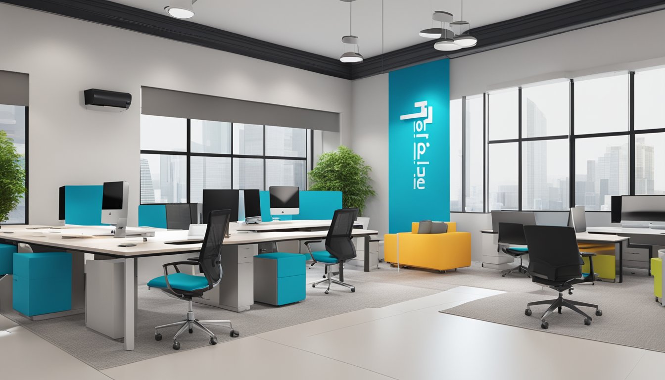 A modern office space with sleek furniture and vibrant decor, featuring the "inspire id group pte ltd" logo prominently displayed on the wall