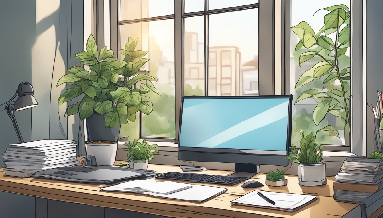 A cluttered desk with a computer, papers, and office supplies. A window lets in natural light, and a potted plant adds a touch of greenery