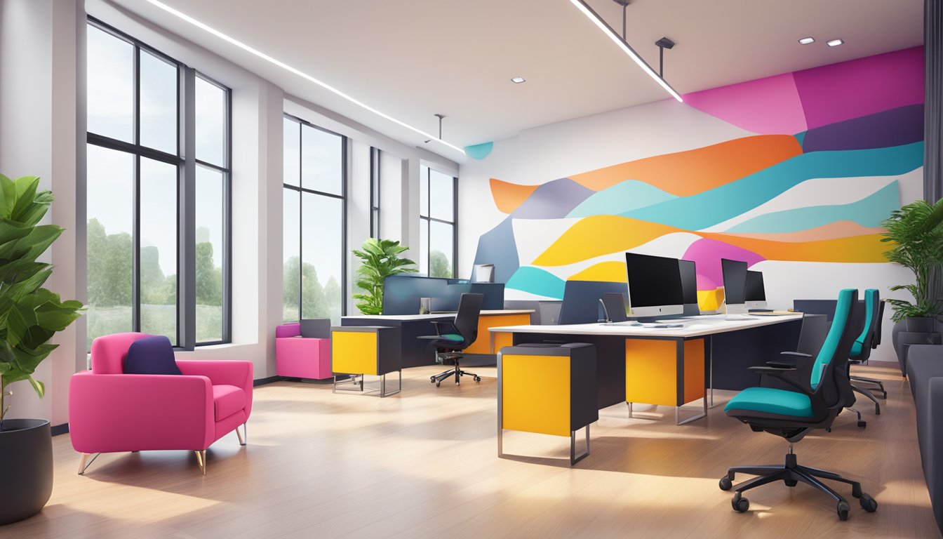 A modern office space with sleek furniture and a vibrant color scheme, featuring the company logo prominently displayed on the wall