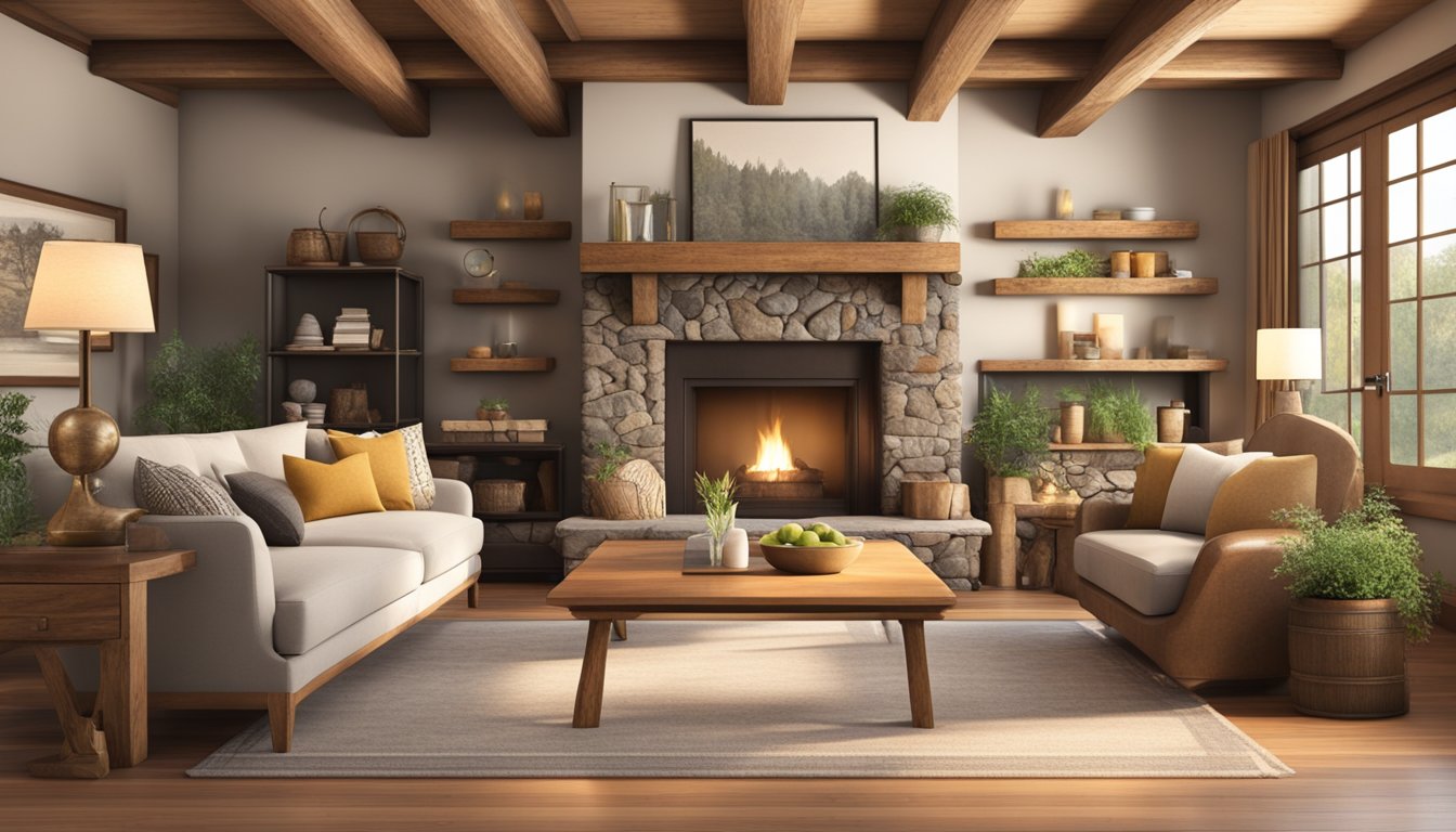 A cozy living room with exposed wooden beams, stone fireplace, and vintage furniture. Warm earthy tones and natural textures create a welcoming atmosphere