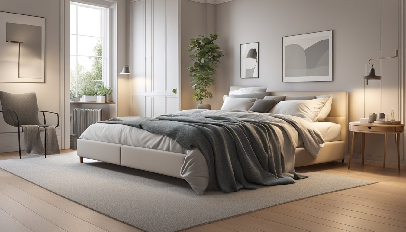 A double bed, measuring 135 cm wide and 190 cm long, sits in a spacious room with neutral-colored walls and soft lighting