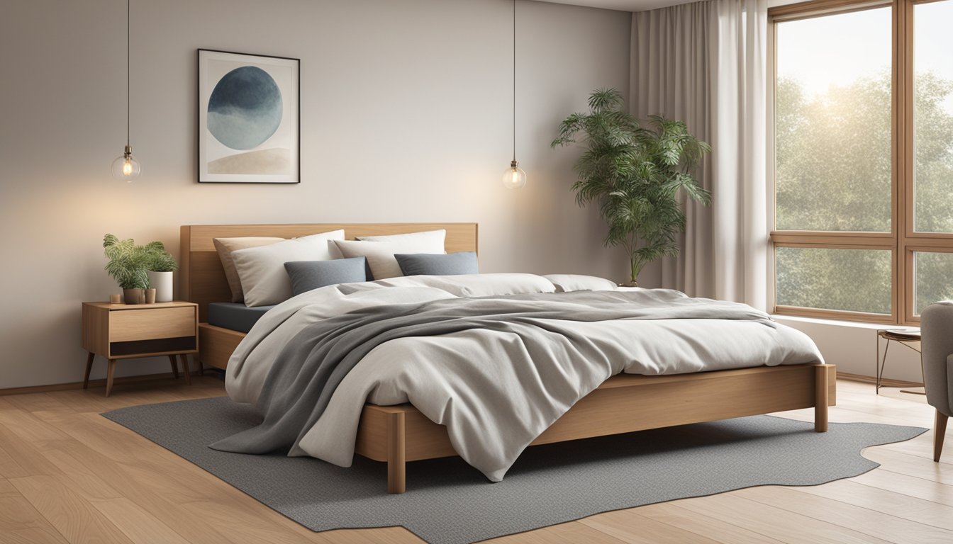 A double bed (135x190 cm) with two pillows and a duvet, placed in a well-lit room with neutral-colored walls and hardwood floors