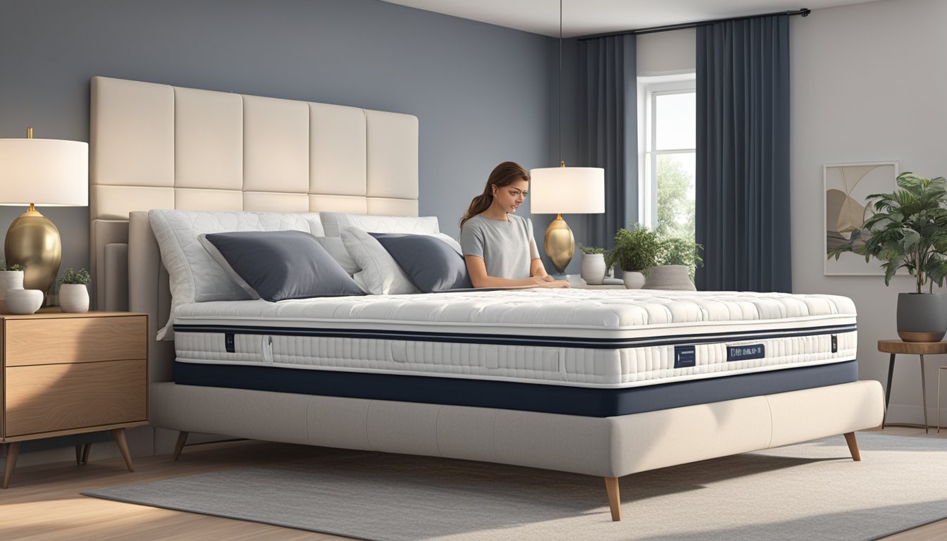 A couple stands in a showroom, comparing different double bed mattresses, measuring the size in centimeters. Displayed options show various levels of firmness and materials
