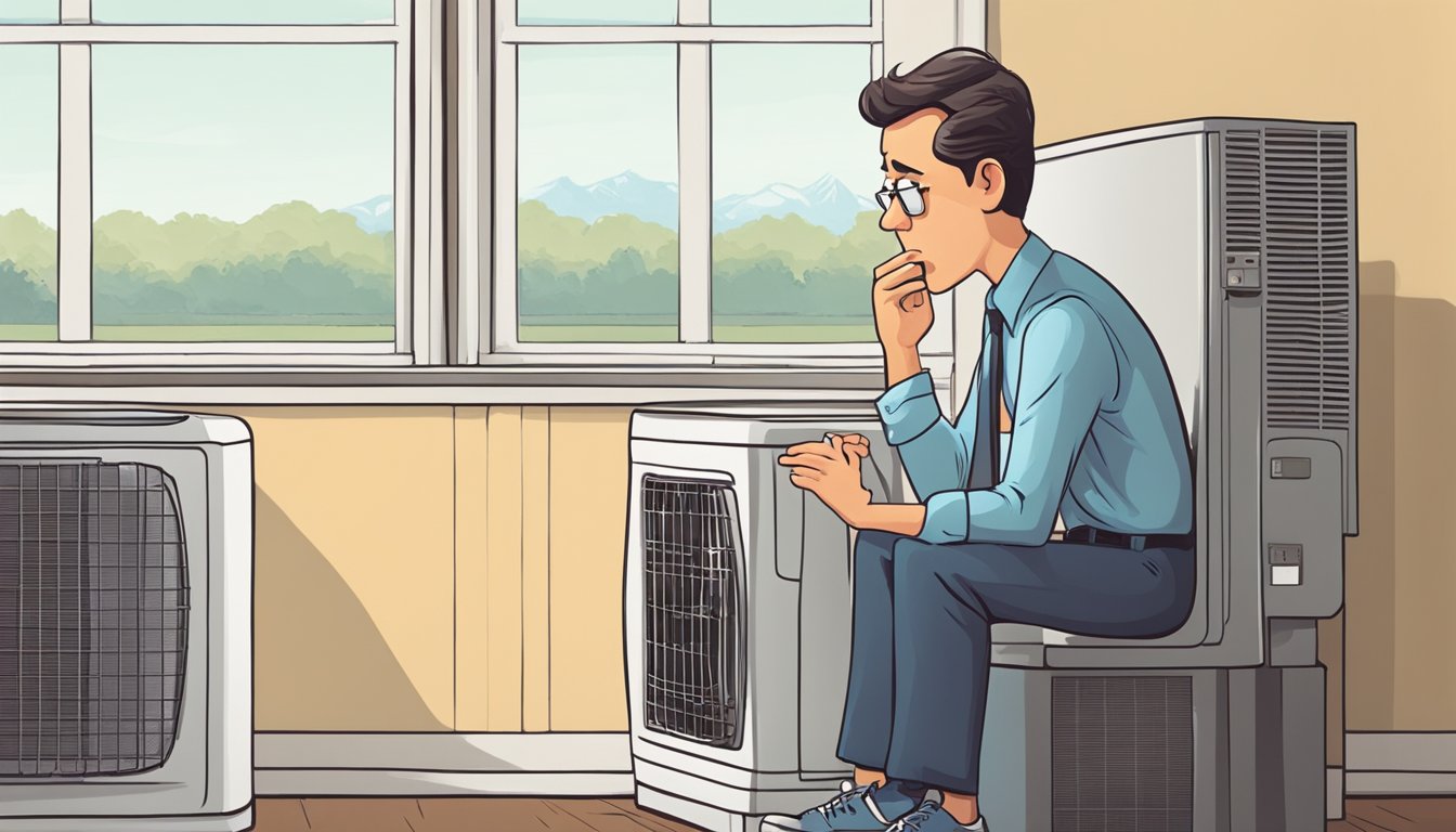 A frustrated person looks at a warm air conditioner with a puzzled expression