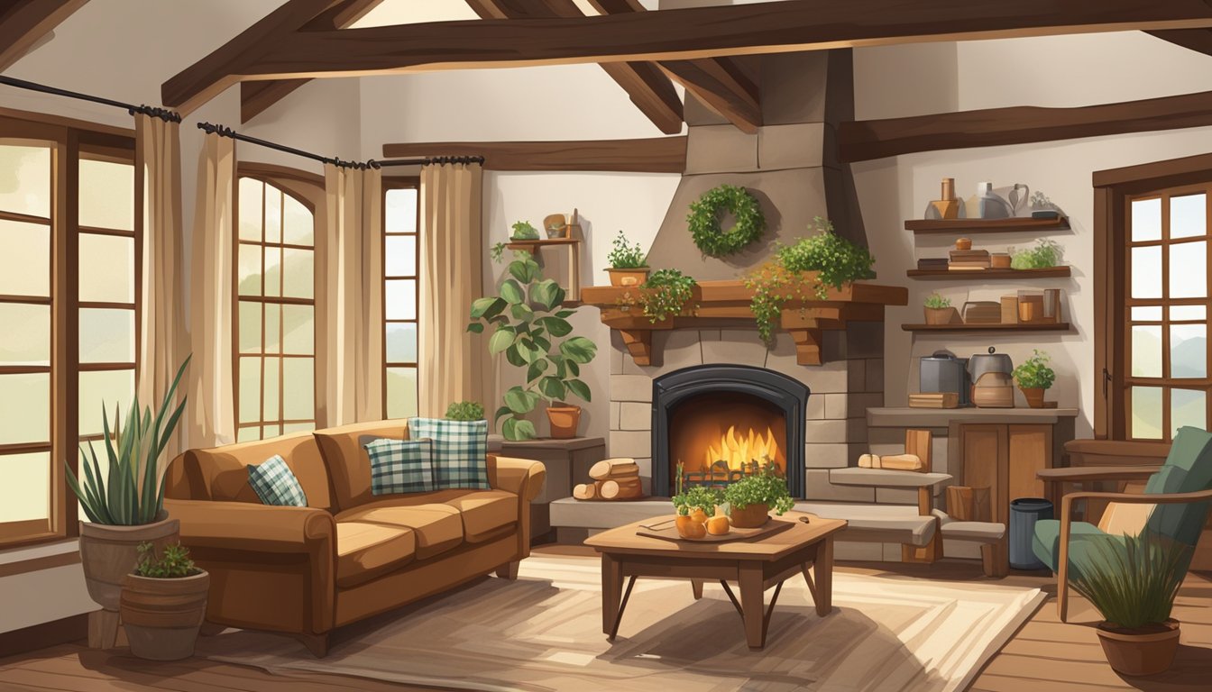 A cozy, country-style living room with wooden beams, vintage furniture, and warm earthy tones. A fireplace, plaid throw blankets, and potted plants add to the rustic charm