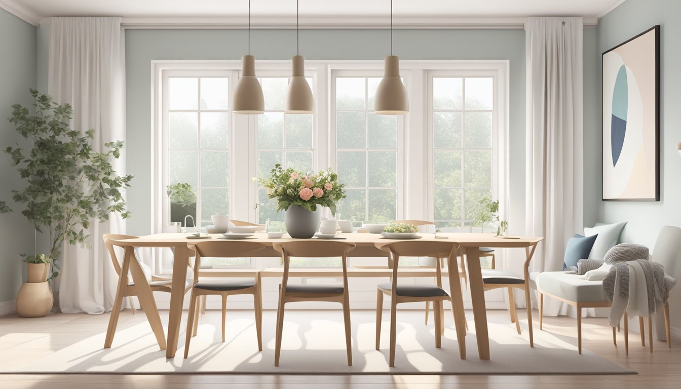 A scandinavian dining table set with minimalist chairs, a simple table runner, and a vase of fresh flowers in a bright, airy room