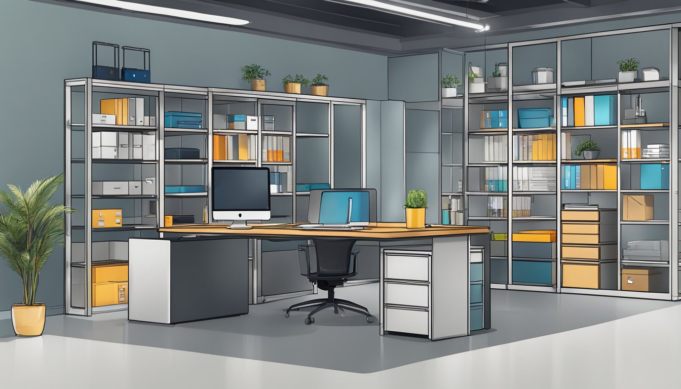 A steel cabinet stands open in a modern office, with shelves and drawers ready for customisation and design