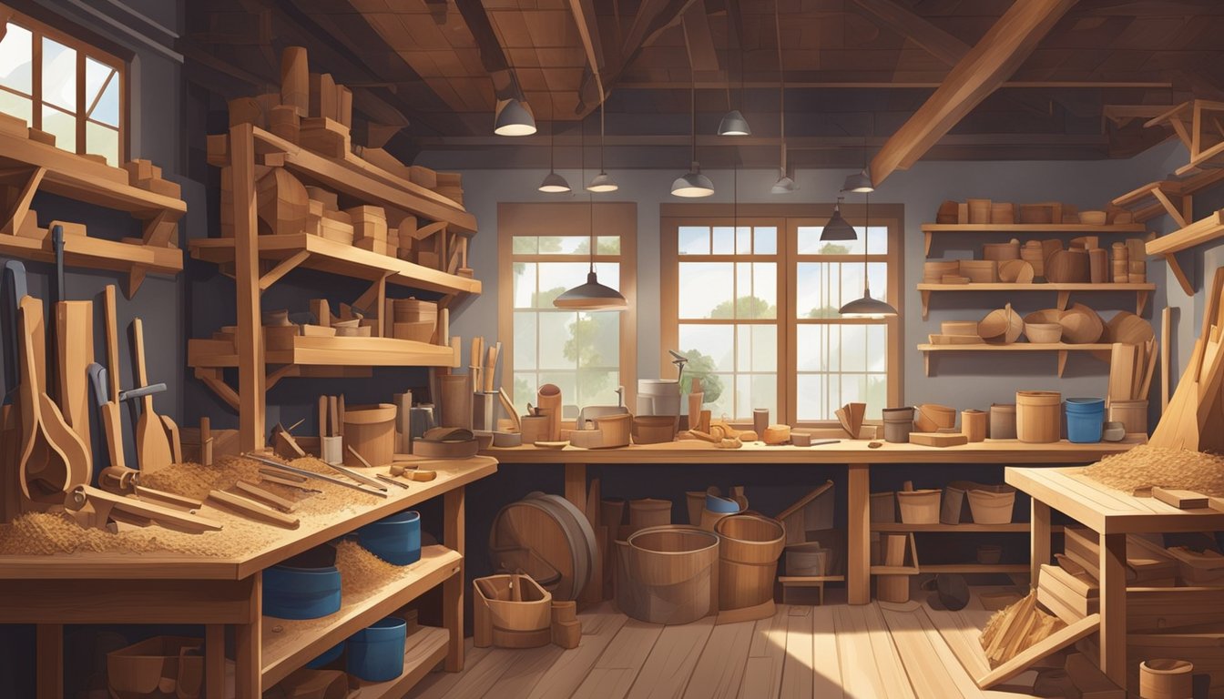 A carpenter's workshop in Singapore, filled with tools, wood shavings, and finished wooden products. The space is organized and well-lit, with a sense of craftsmanship and attention to detail