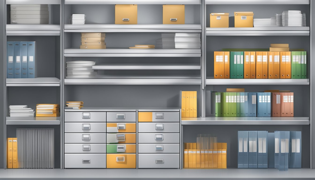 A steel cabinet in an organized office setting, with files neatly arranged and labeled. The cabinet is sturdy and secure, providing a sense of order and professionalism