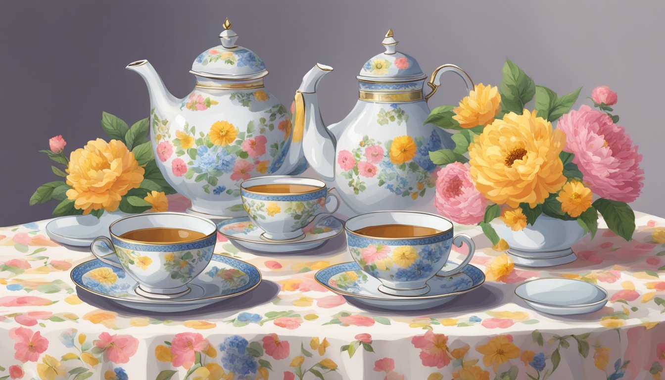 A side tea table with a floral tablecloth, a teapot, and a stack of teacups. A vase of fresh flowers sits in the center