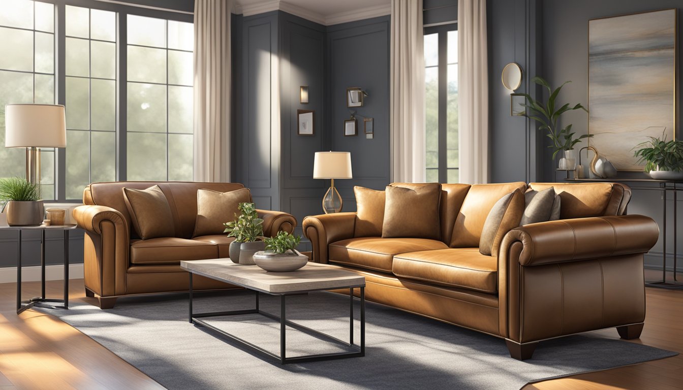 A luxurious leather couch sits in a sunlit room, inviting and comfortable with its plush cushions and sleek design