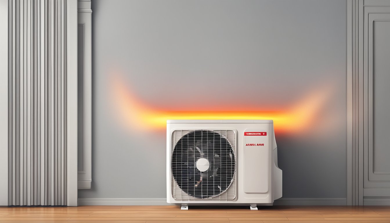 An air conditioner with a red warning light and warm air blowing out
