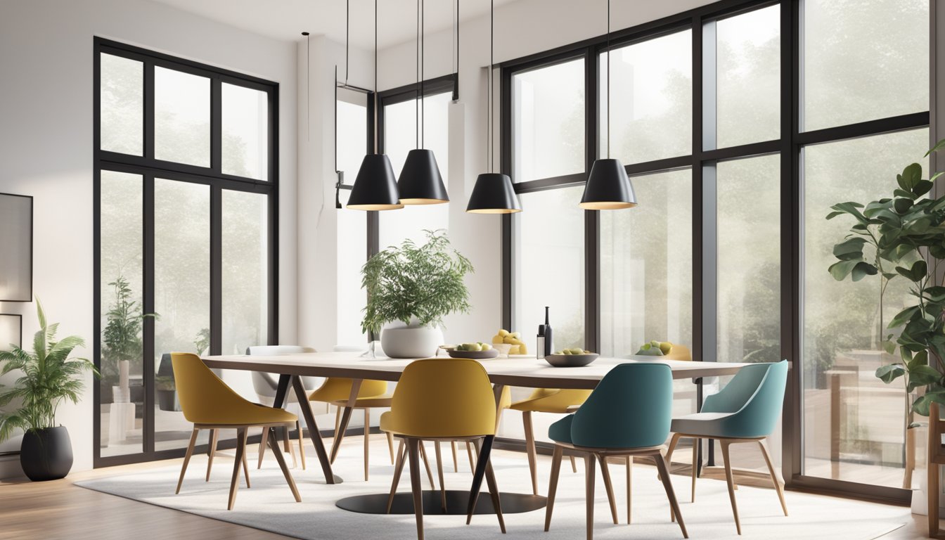 A sleek, minimalist Scandinavian dining table stands in a bright, airy room with large windows, surrounded by modern, comfortable chairs