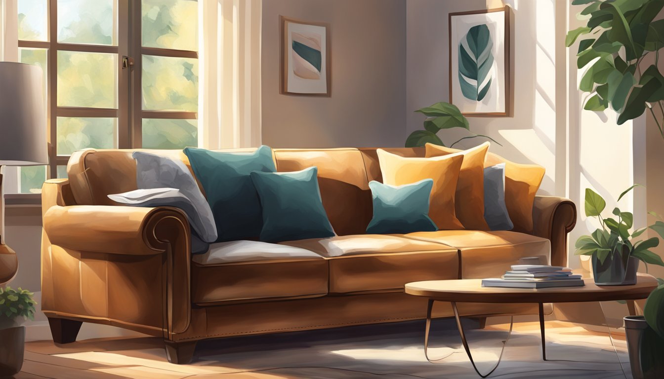 A cozy living room with a large, plush leather couch as the focal point, bathed in warm natural light from a nearby window