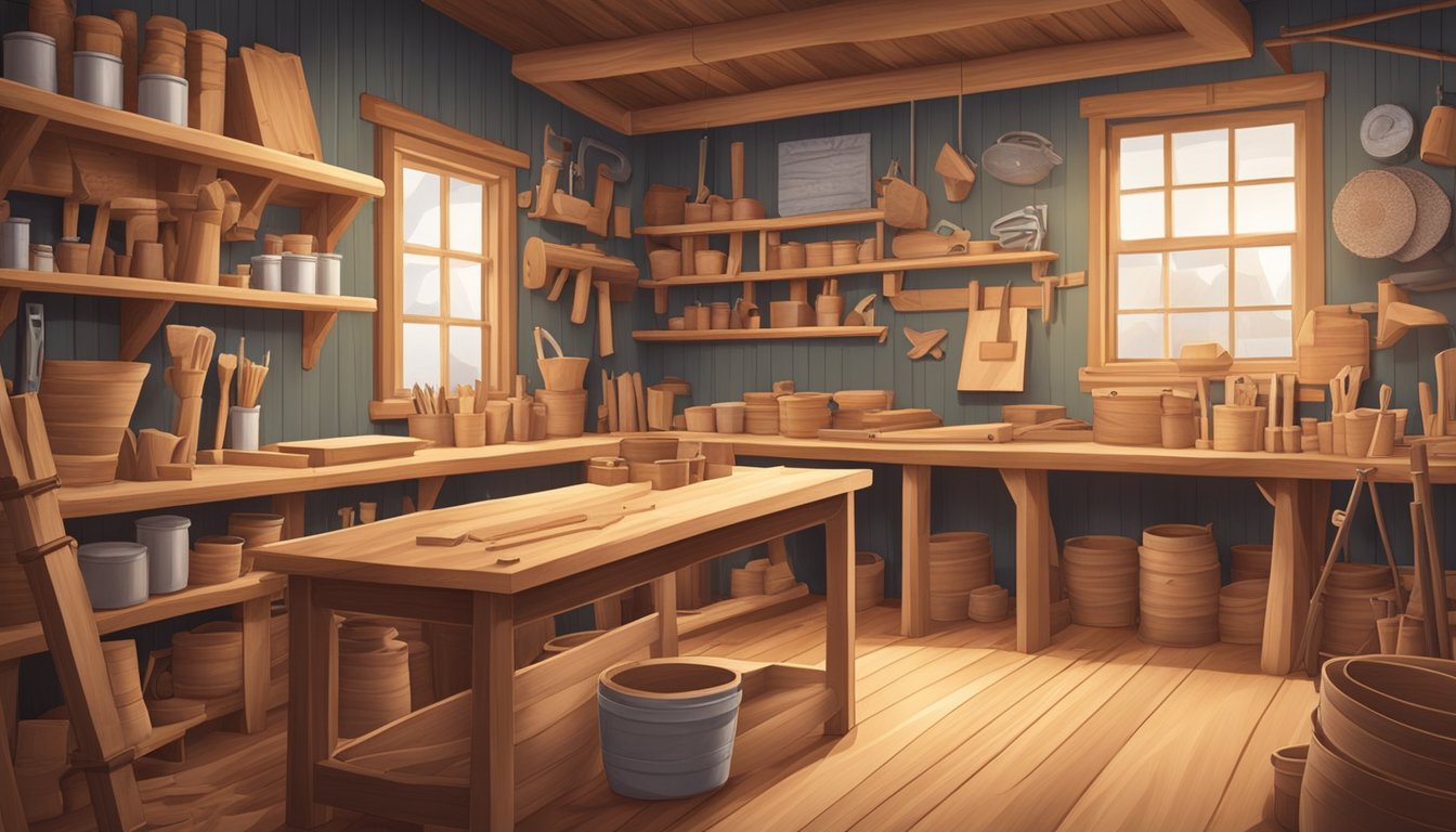 A cozy workshop with sawdust floating in the air, tools neatly organized on the wall, and a handcrafted wooden sign reading "Charlotte's Carpentry."