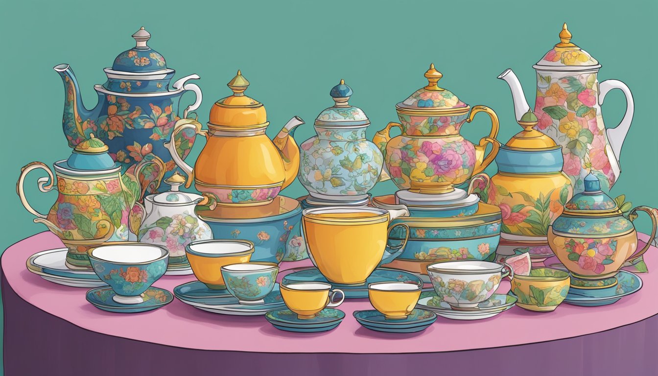 A colorful array of tea sets and accessories displayed on a side table in a bustling shopping guide