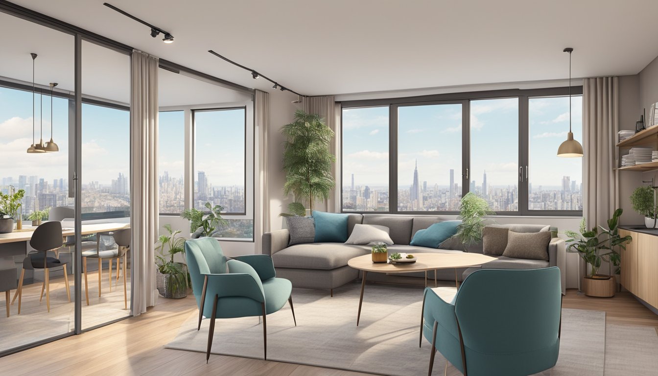 A spacious 2-room flexi flat with modern furnishings and large windows overlooking a city skyline. The room features a cozy living area, a functional kitchen, and a comfortable bedroom with ample storage space