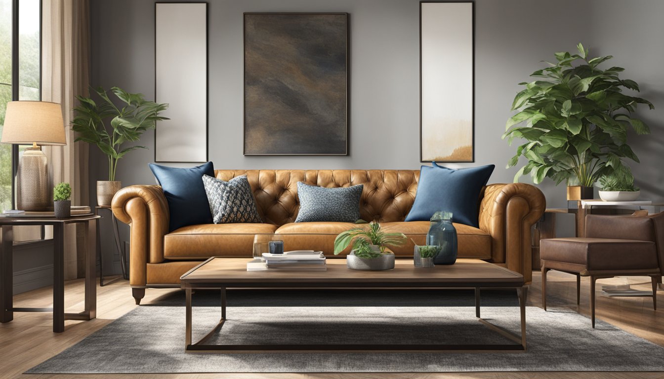 A leather couch sits in a well-lit room, showcasing its durable and high-quality material. It is surrounded by carefully placed accent pieces, exuding an air of elegance and care