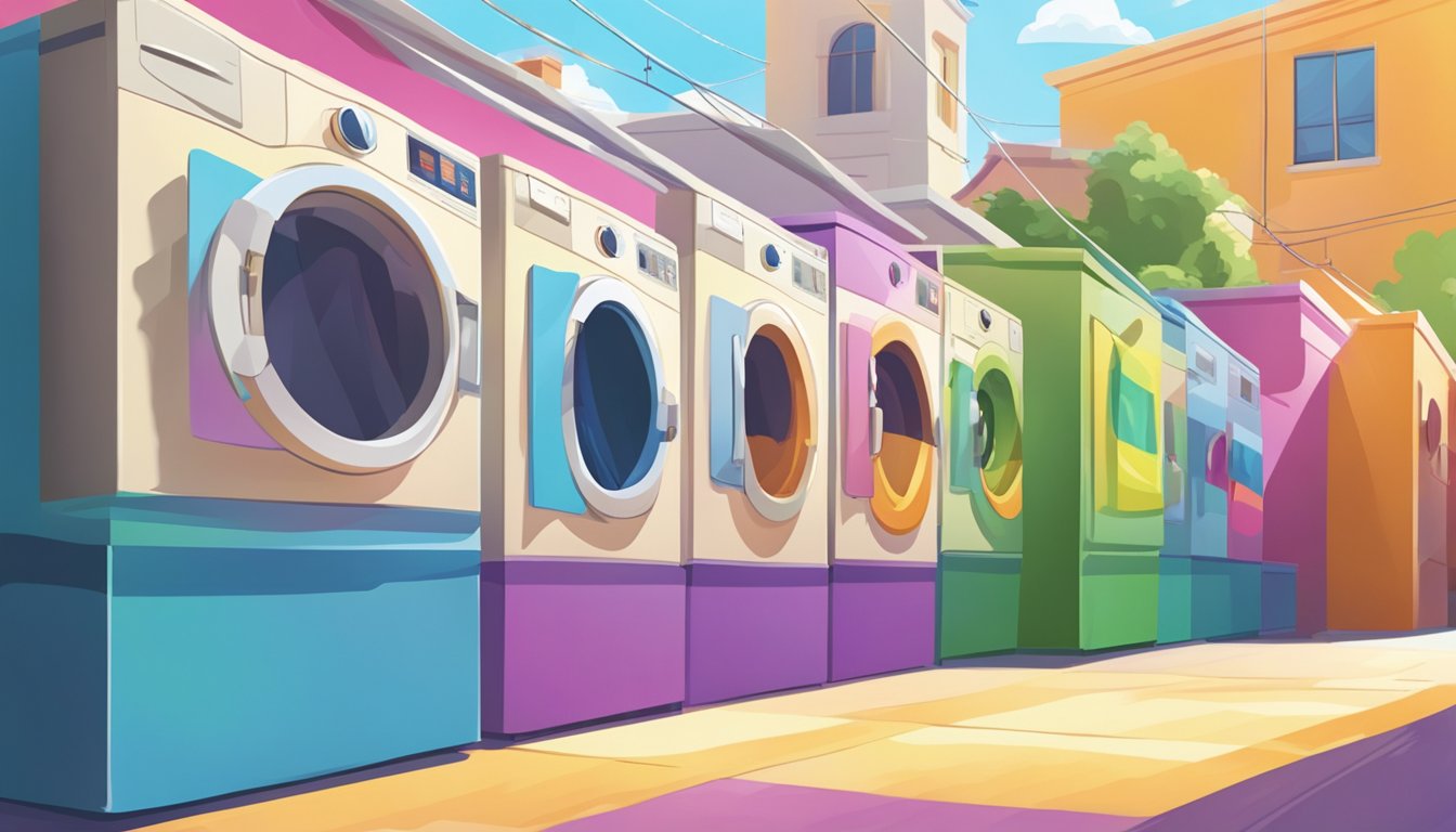 Brightly colored laundry signs hang above a row of washing machines, catching the sunlight and swaying gently in the breeze