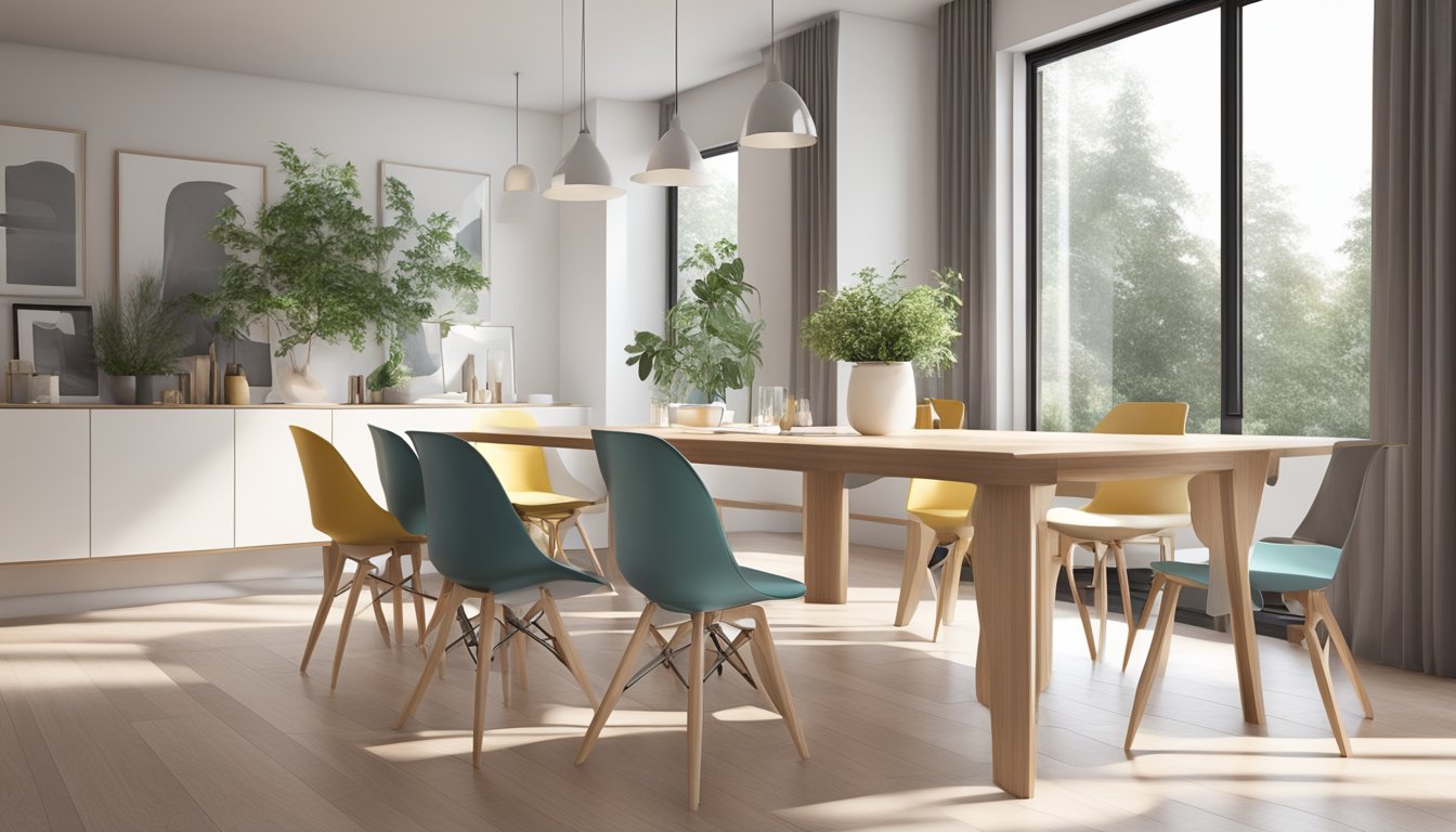 A minimalist dining room with a sleek Scandinavian table, surrounded by modern chairs, illuminated by natural light from large windows