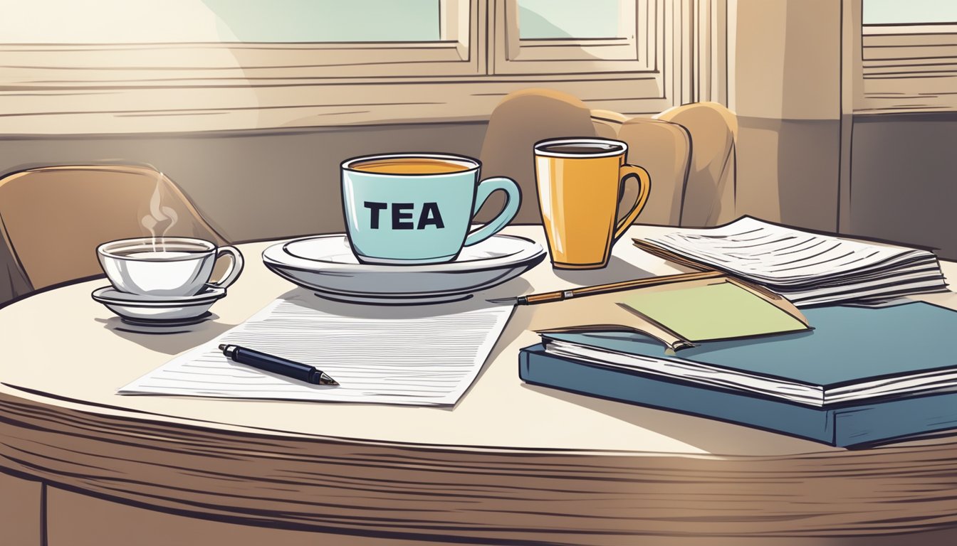 A small round table with a stack of papers, a pen, and a cup of tea. A "Frequently Asked Questions" sign is prominently displayed on the table