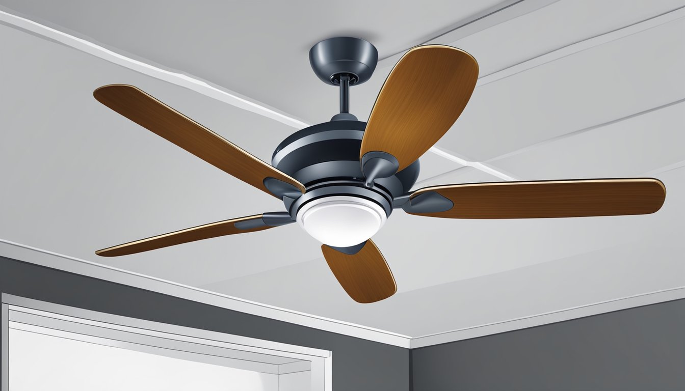 A ceiling fan spins on a false ceiling