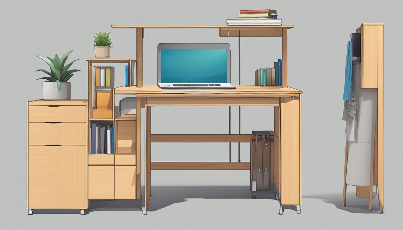 A small study table with adjustable height and storage compartments, perfect for a compact workspace