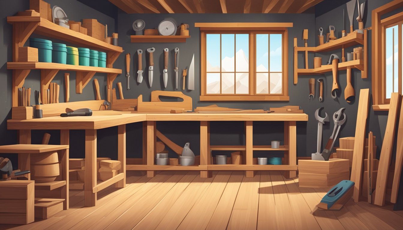 A carpenter's workshop with tools neatly organized on a workbench, sawdust on the floor, and finished wooden projects displayed on the walls