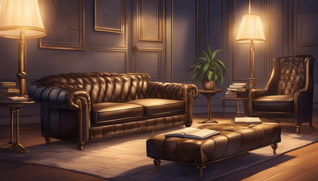 A luxurious leather couch surrounded by a stack of frequently asked questions, with a spotlight illuminating the center of the scene