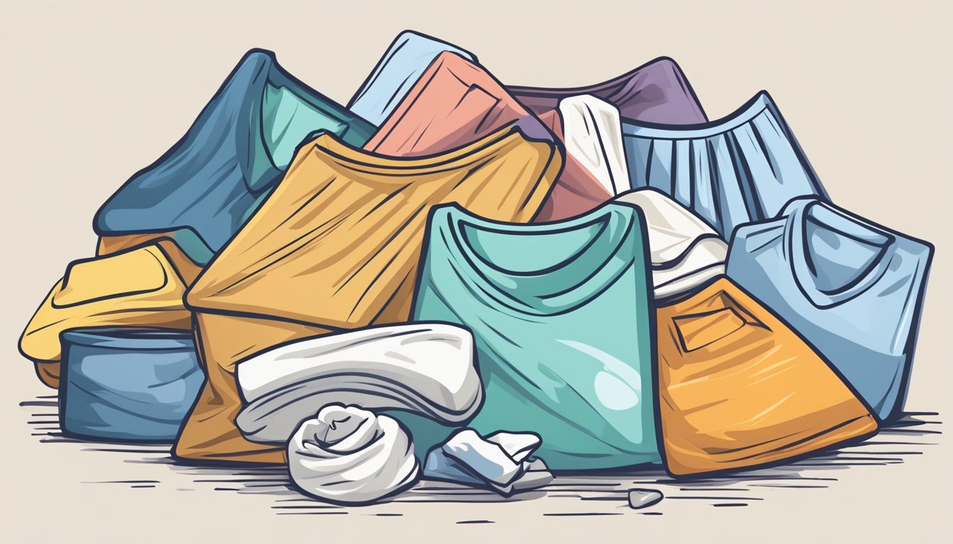 A pile of laundry with various symbols: a circle, square, triangle, and lines, representing washing, bleaching, drying, and ironing instructions