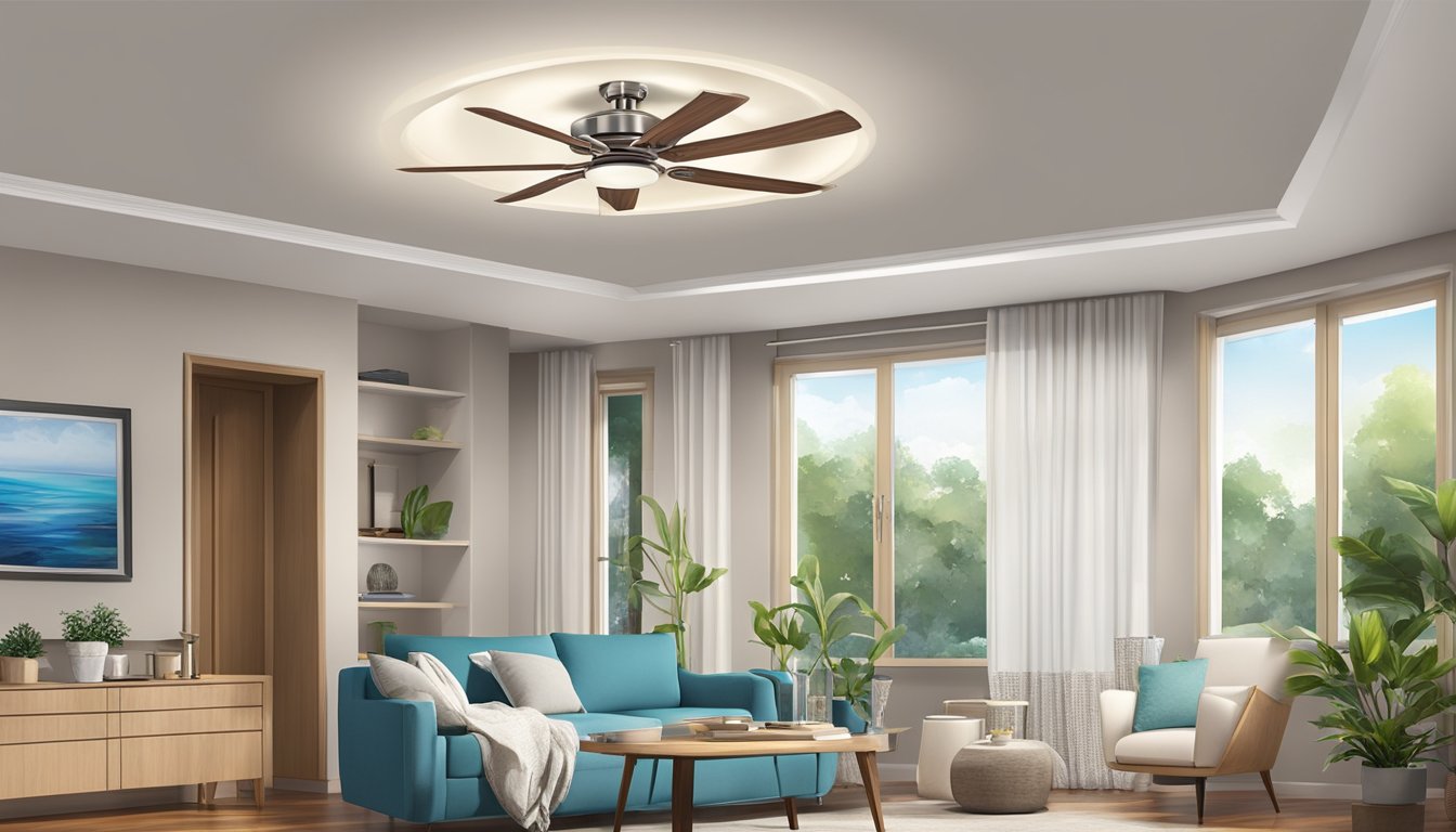 A ceiling fan is mounted on a false ceiling, surrounded by recessed lighting