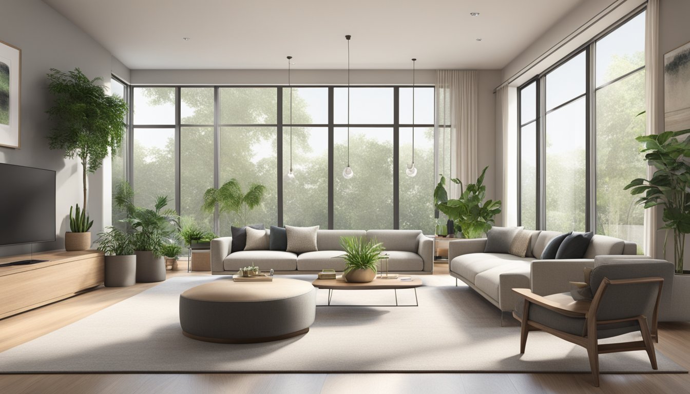 A living room with modern air furniture, featuring sleek lines and neutral colors. A large window lets in natural light, and potted plants add a touch of greenery