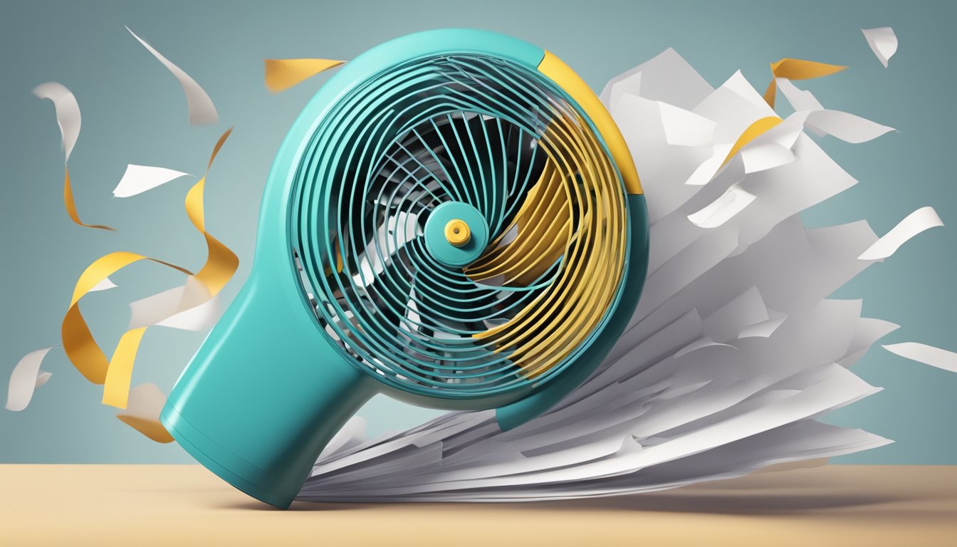 A high velocity fan spins, causing papers to flutter and hair to blow