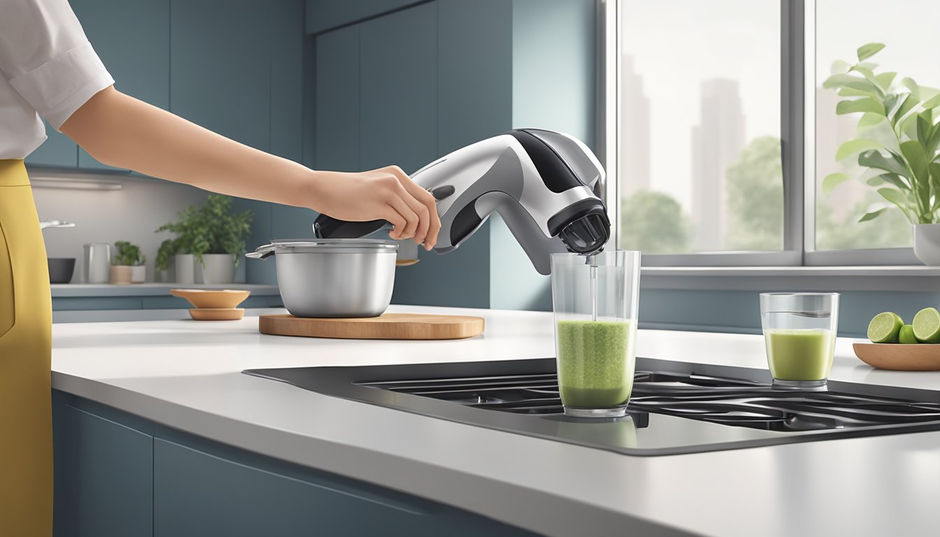 A hand holding a modern handheld blender in a sleek kitchen setting in Singapore