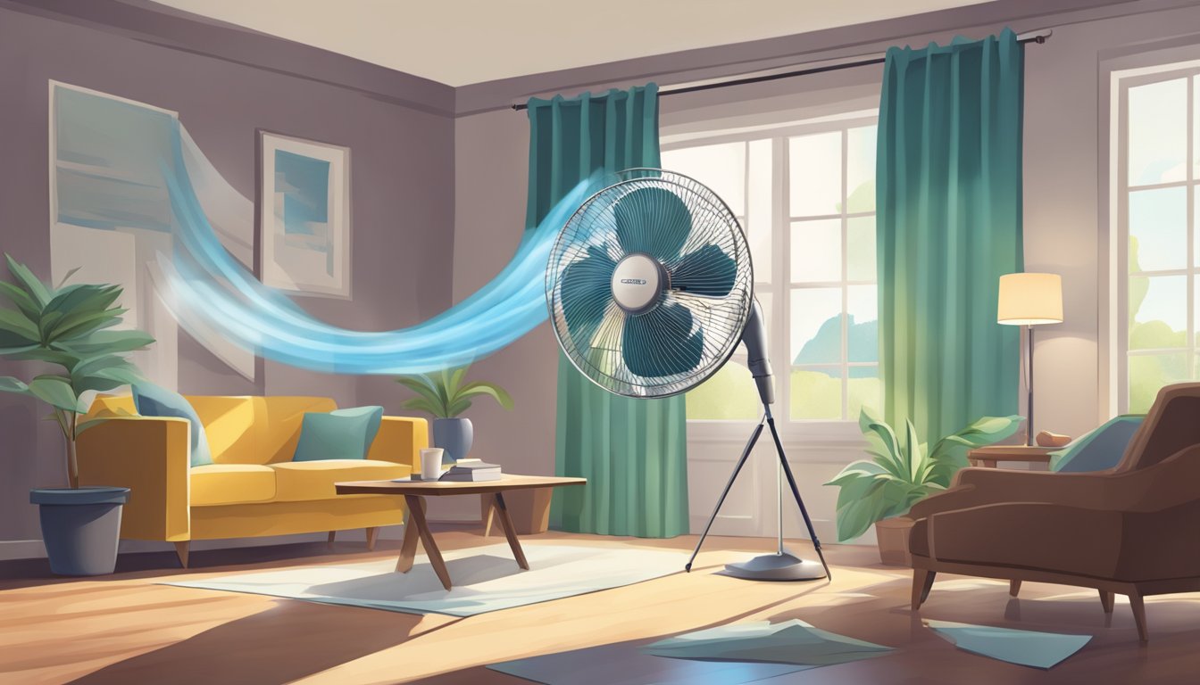 A high velocity fan blowing papers and ruffling curtains in a room