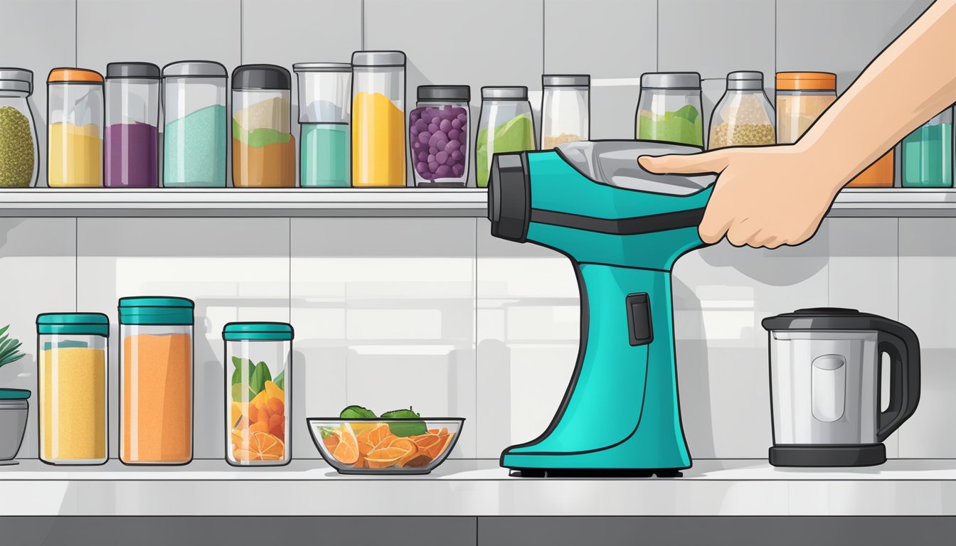 A hand reaching for a sleek handheld blender on a shelf in a modern kitchen appliance store in Singapore