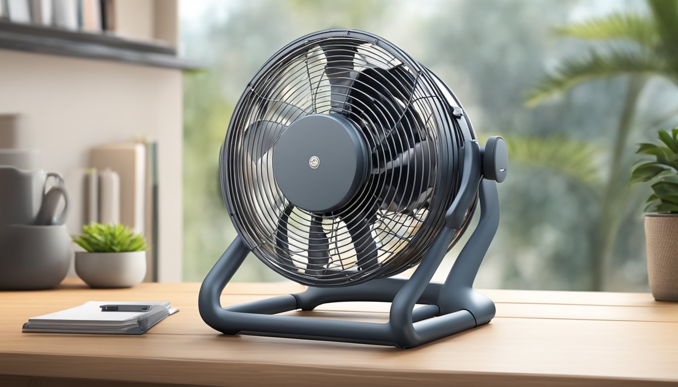 A high-velocity fan stands on a sturdy base, with a sleek, aerodynamic design. Its blades spin rapidly, creating a powerful gust of wind