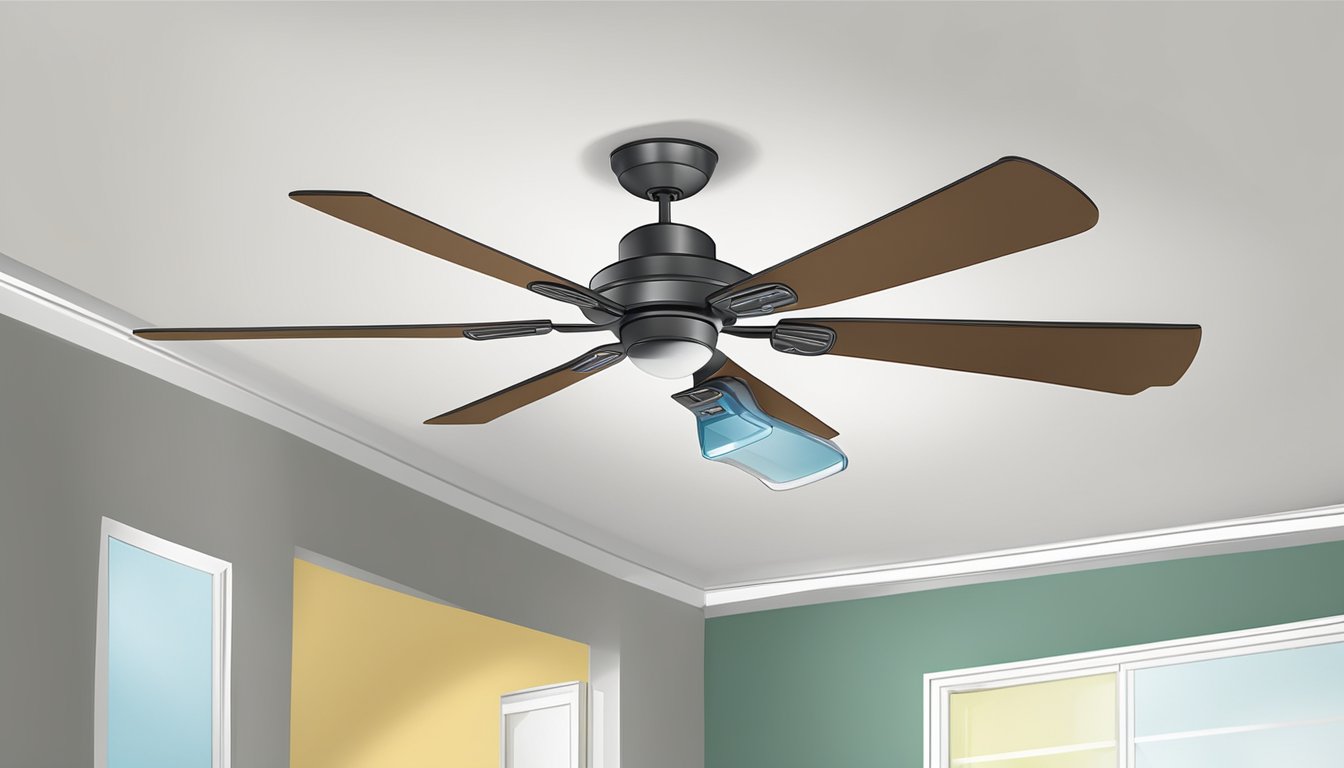 A ceiling fan is being installed on a false ceiling, with essential tools and equipment positioned nearby