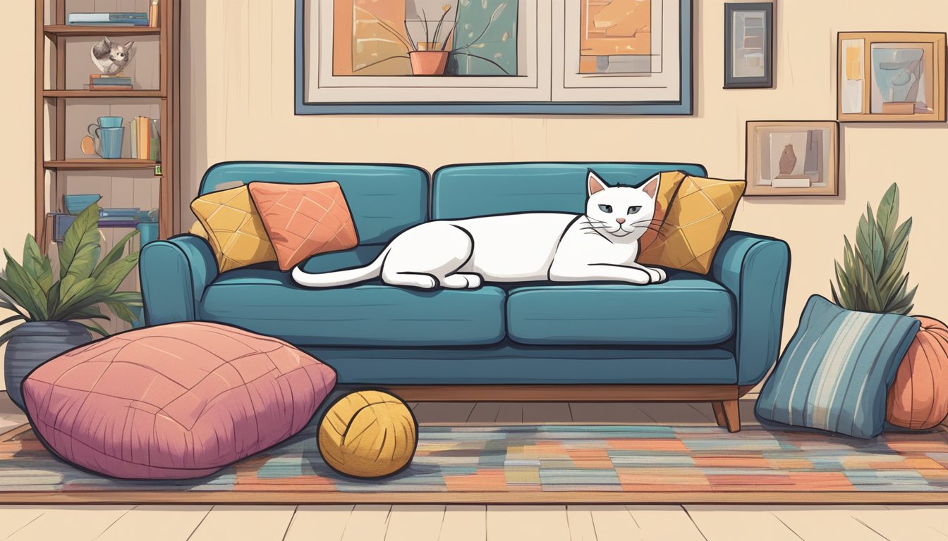 A cozy living room with a comfortable, stylish sofa covered in durable, scratch-resistant fabric. A happy cat lounges on the cushions, surrounded by toys and a scratching post