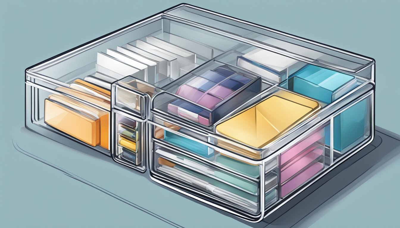 A sleek, transparent organizer box holds various essentials neatly arranged inside