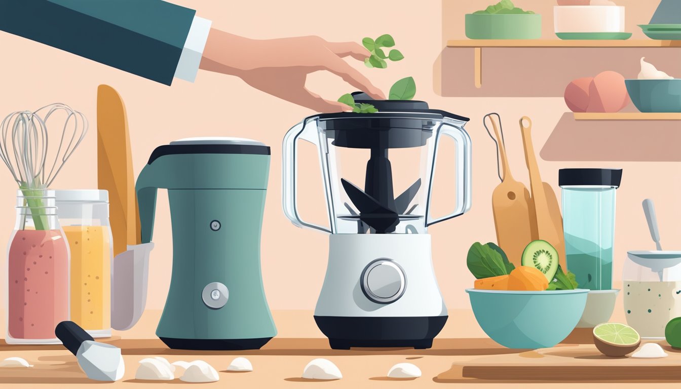 A hand reaches for a sleek handheld blender in a modern kitchen, surrounded by various culinary tools and ingredients