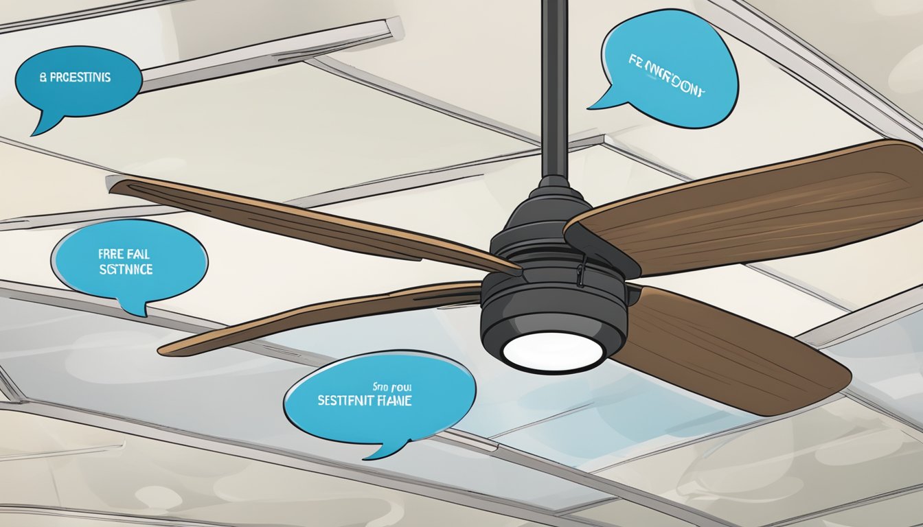 A ceiling fan mounted on a false ceiling, surrounded by frequently asked questions in text bubbles