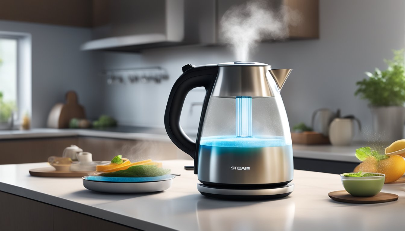 An electric kettle sits on a modern kitchen counter in Singapore, steam rising from its spout as it boils water