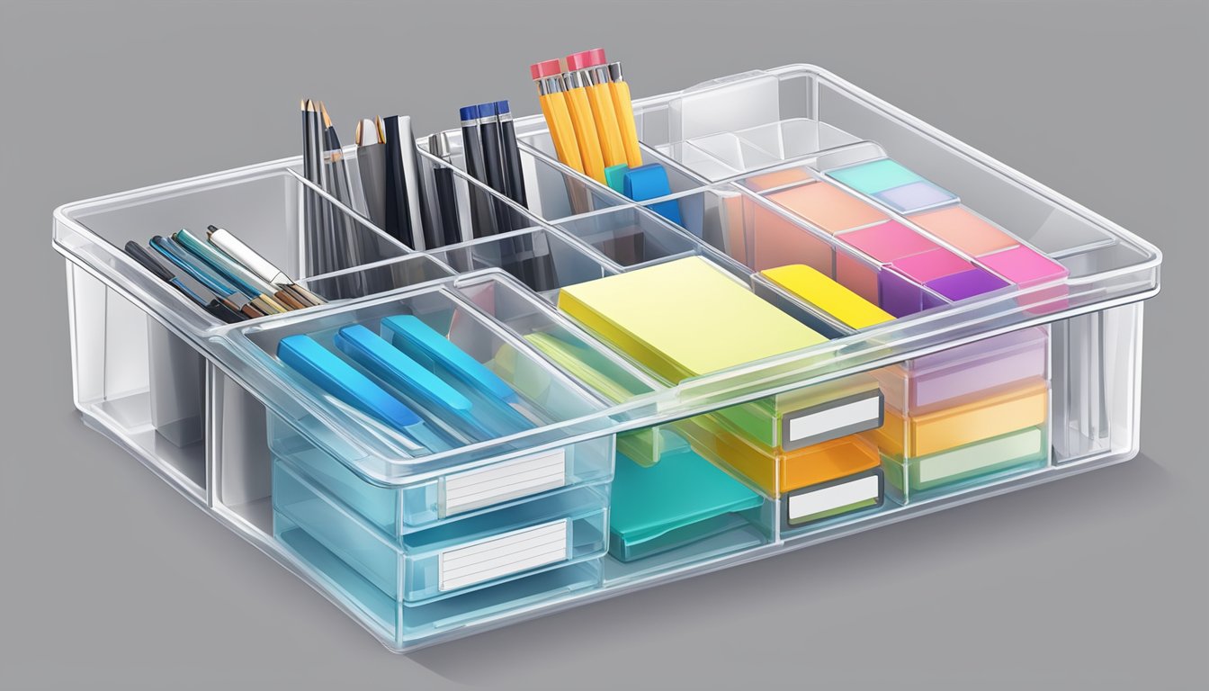 A clear plastic organizer box sits on a desk, filled with neatly arranged office supplies and labeled compartments