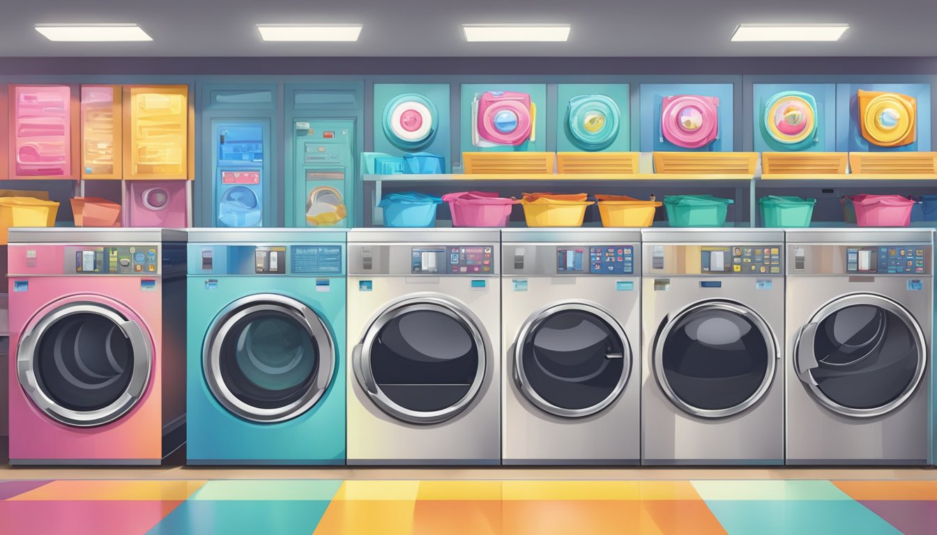 A row of colorful laundry signs hanging above a row of washers and dryers in a bright and bustling laundromat