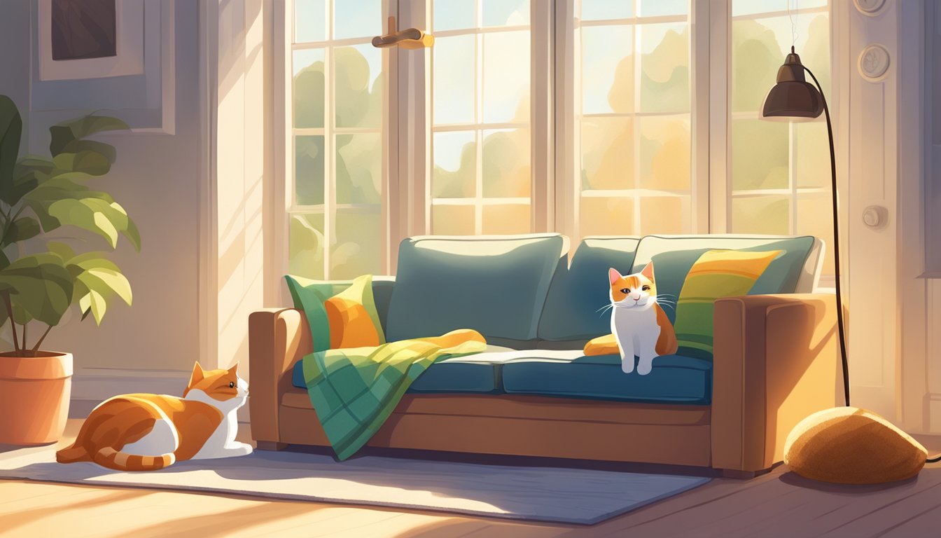 A cozy sofa with soft, scratch-resistant fabric. Cat toys and a scratching post nearby. Sunlight streaming in through a window, casting warm rays on the comfortable seating area