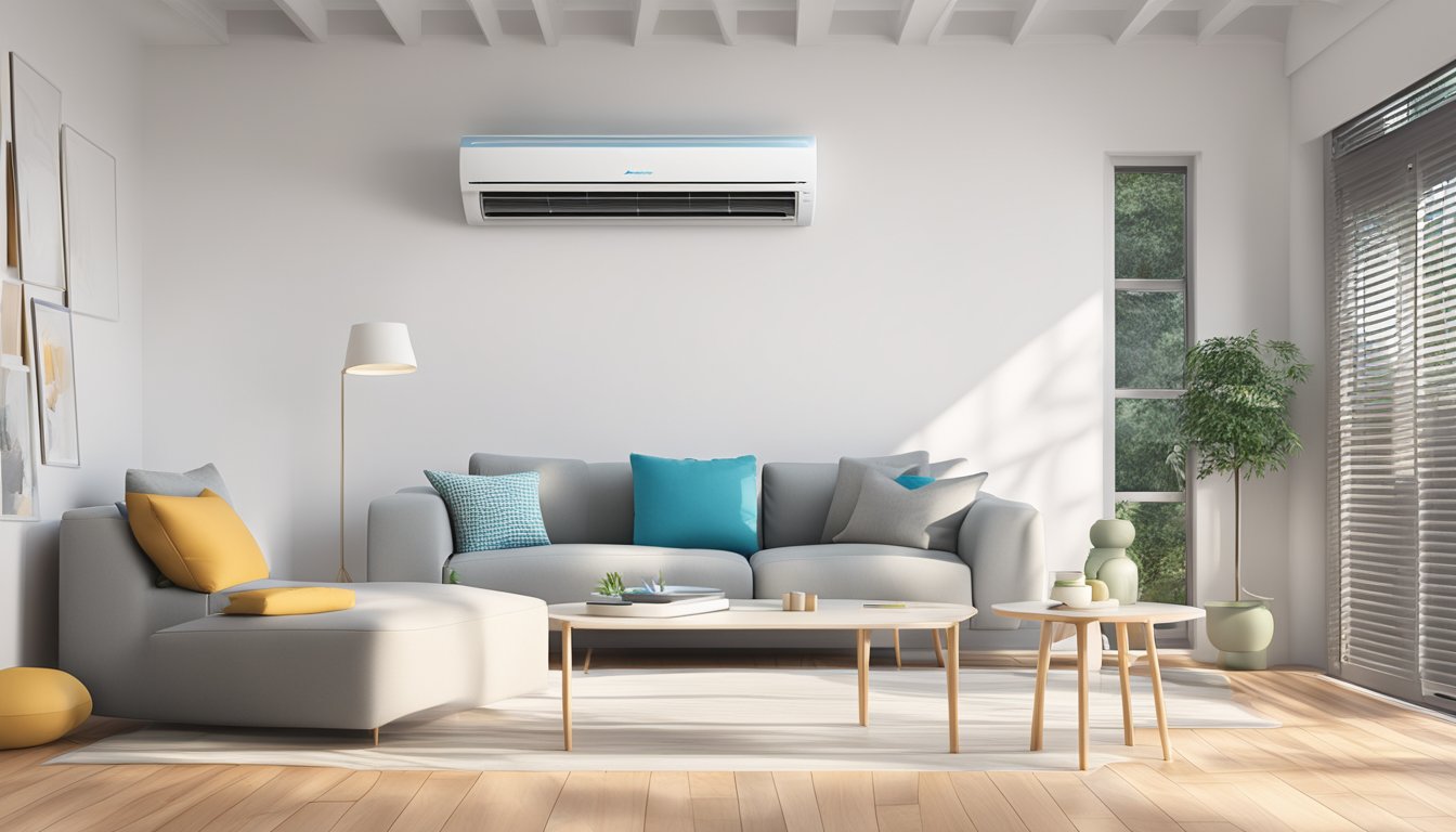 A Daikin inverter aircon mounted on a white wall, with cool air flowing out of the vents and creating a comfortable indoor environment