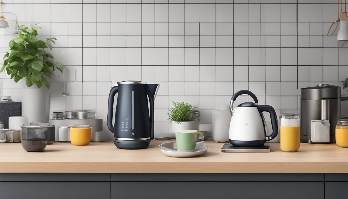 An electric kettle sits on a modern kitchen countertop in Singapore, surrounded by various brands and models. The kettle is sleek and stainless steel, with a digital display and temperature control buttons