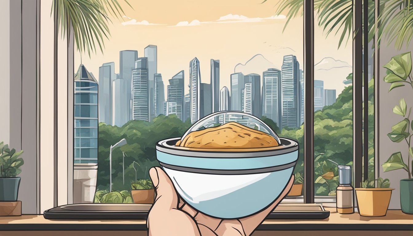 A hand holding a handheld blender with a Singaporean backdrop