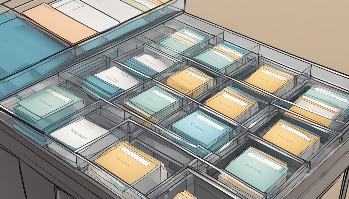 A clear acrylic box with labeled dividers holds neatly organized stacks of FAQ cards